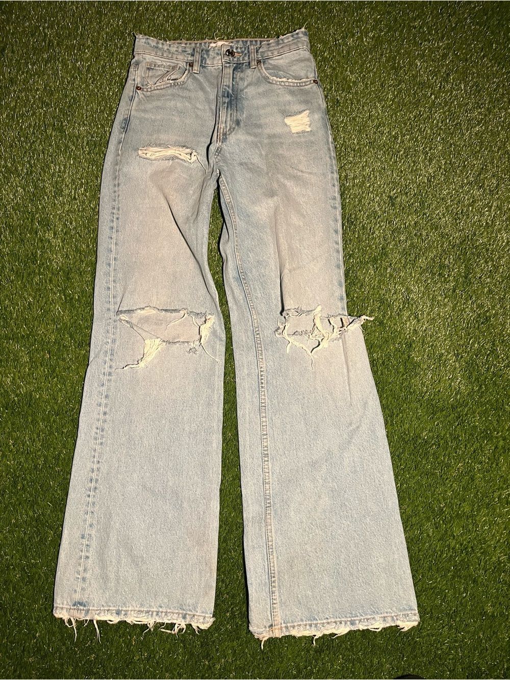Zara Light Blue Distressed High-Rise Wide-Leg Raw Hem Women's Jeans Size 2